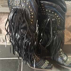 BNWT Fringed Black Leather Boots with Studs